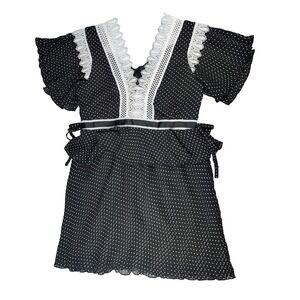 Haute Rogue M Polka Dot Mini Lace Pleated Dress Lined Short Sleeve Zip NEW